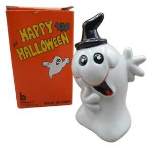 Vintage Halloween Ceramic Ghost in Witch Hat Brinnco in Box 3.75"